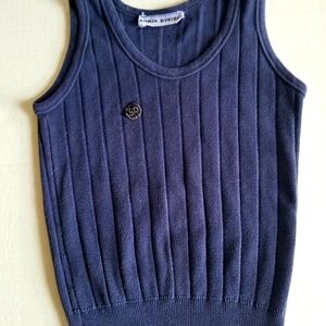 Vintage 1960s Sonia Rykiel Cotton Ribbed Navy Tank with Logo Medallion Fits XXS